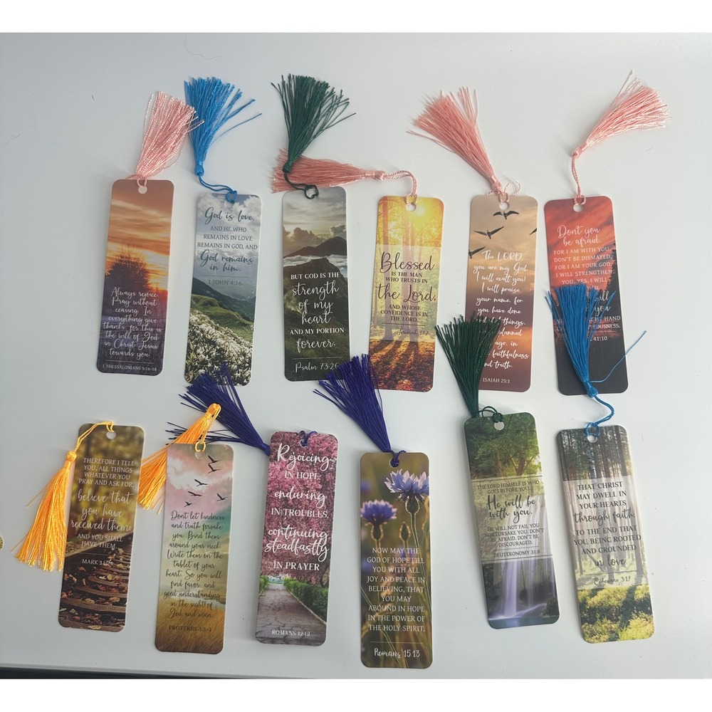12 Pack Christian Bible Verse Bookmarks with Colorful Tassels Nature Scenery